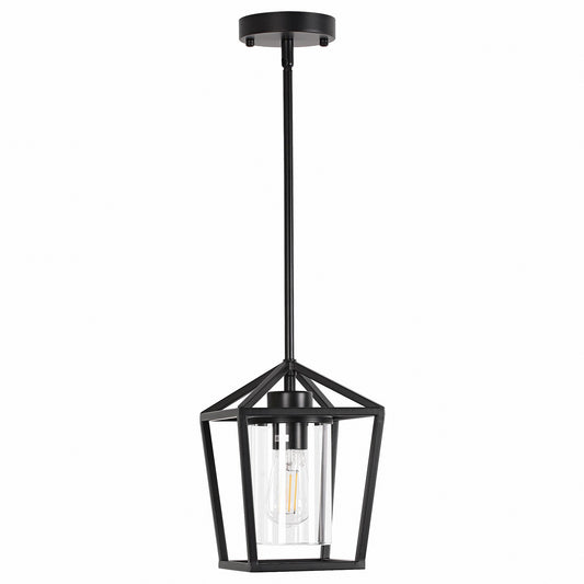 1-Light American Matte Black Lantern Pendant Light with Clear Glass Shade, E26 Socke for Living Room No Bulbs Included