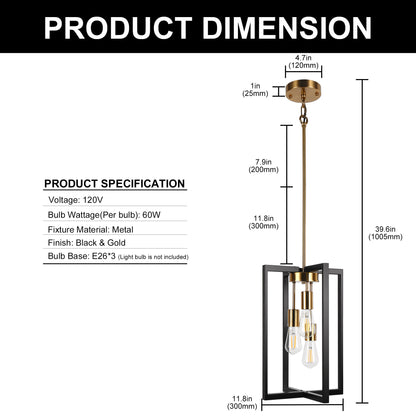 3-Light Modern Rectangle Black and Gold Pendant Kitchen Island Pendant Light