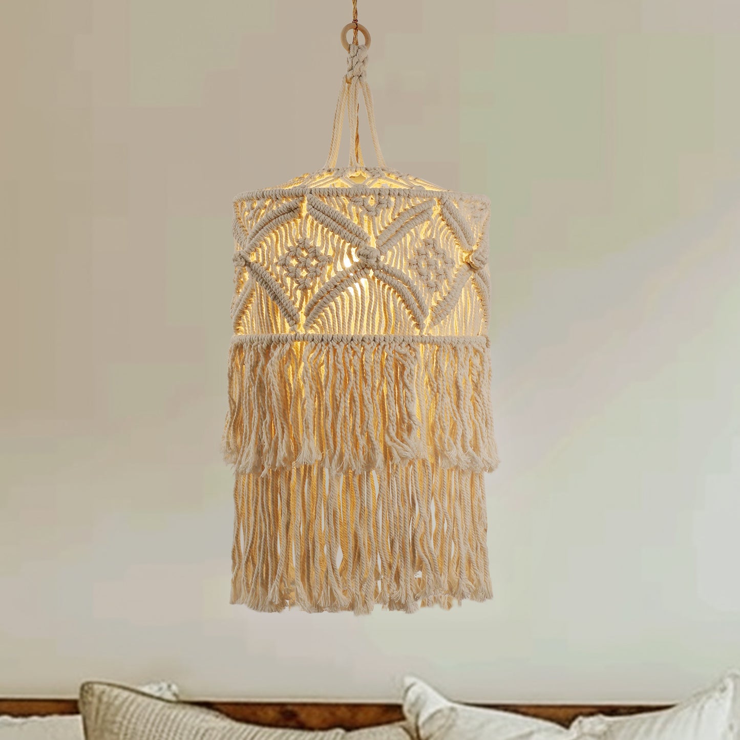 YANSUN 1-Light White Pendant Light Bohemian with Adjustable Macrame Rattan Shade, Plug-In and Adjustable Height