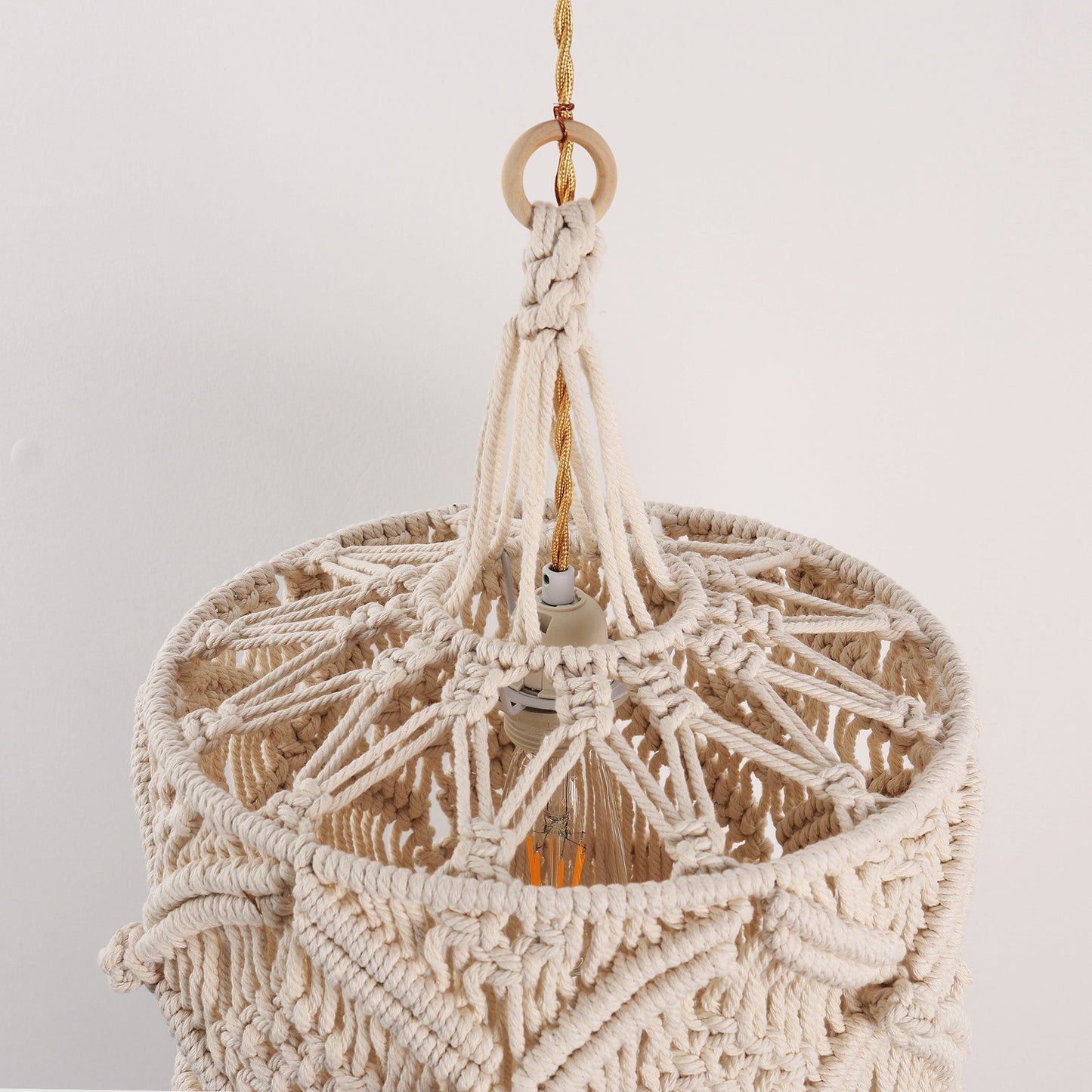 YANSUN 1-Light White Pendant Light Bohemian with Adjustable Macrame Rattan Shade, Plug-In and Adjustable Height