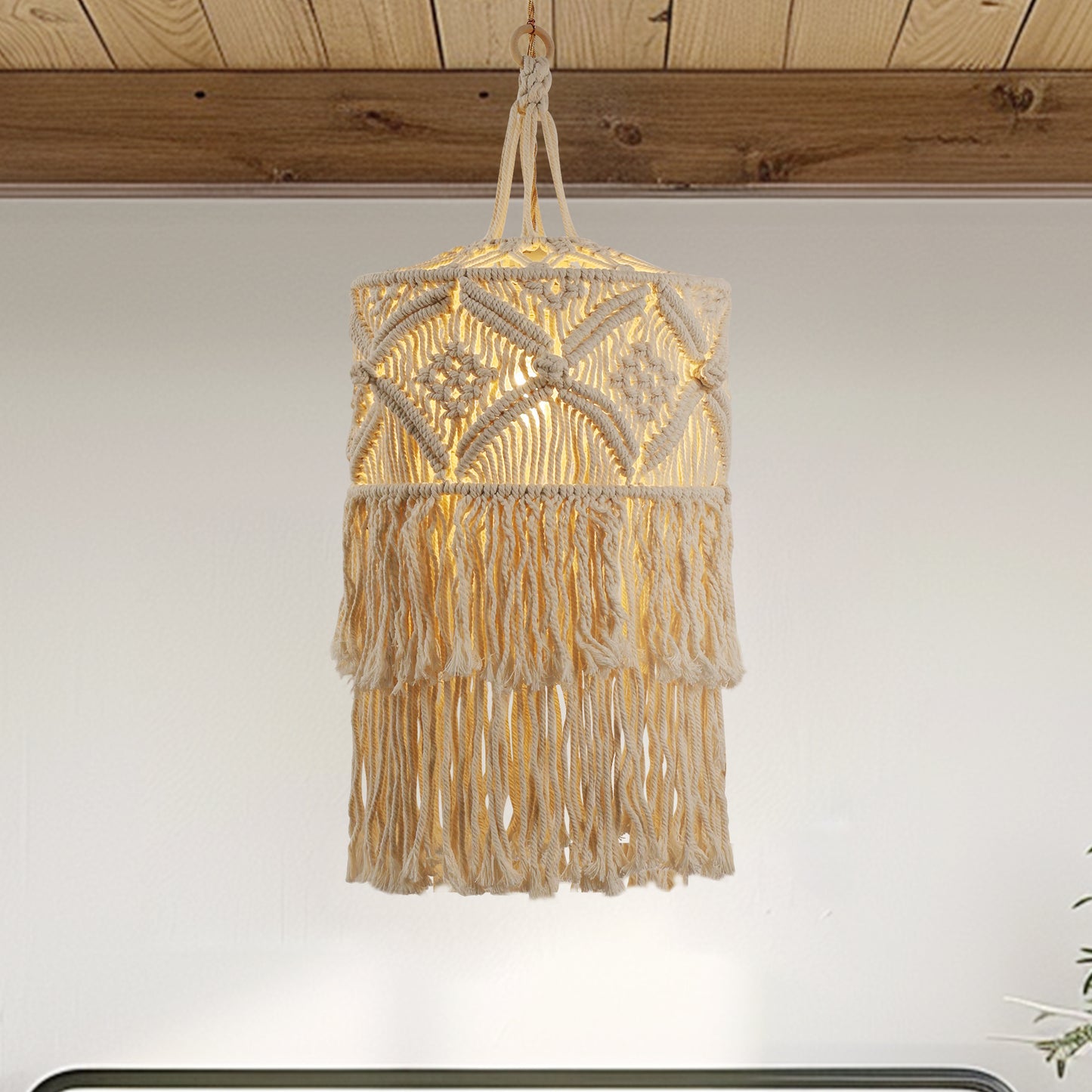 YANSUN 1-Light White Pendant Light Bohemian with Adjustable Macrame Rattan Shade, Plug-In and Adjustable Height
