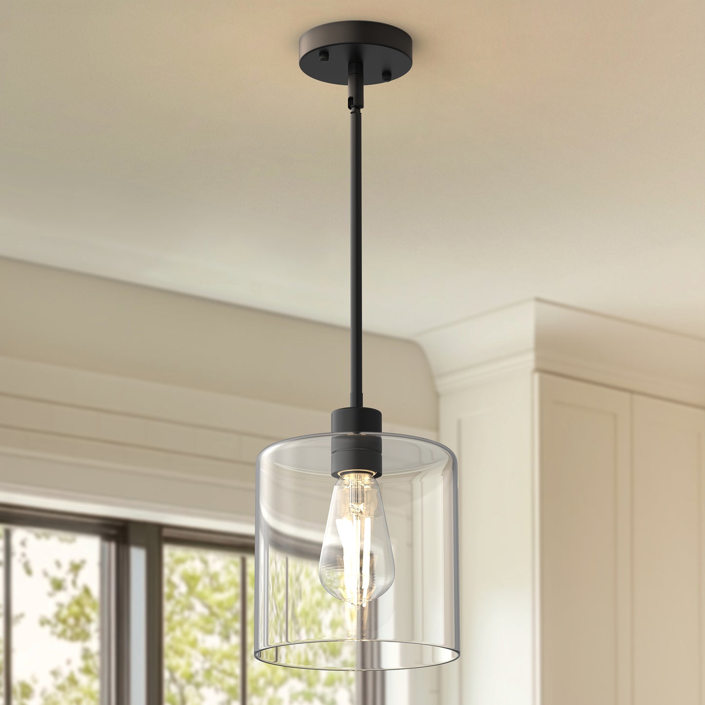 YANSUN 1 Light Modern Matte Black Pendant Light with Clear Glass Shade for Kitchen and Dining Room, No Bulbs Included