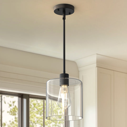 YANSUN 1 Light Modern Matte Black Pendant Light with Clear Glass Shade for Kitchen and Dining Room, No Bulbs Included