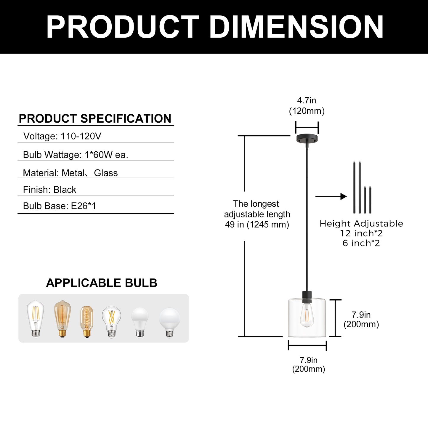 YANSUN 1 Light Modern Matte Black Pendant Light with Clear Glass Shade for Kitchen and Dining Room, No Bulbs Included