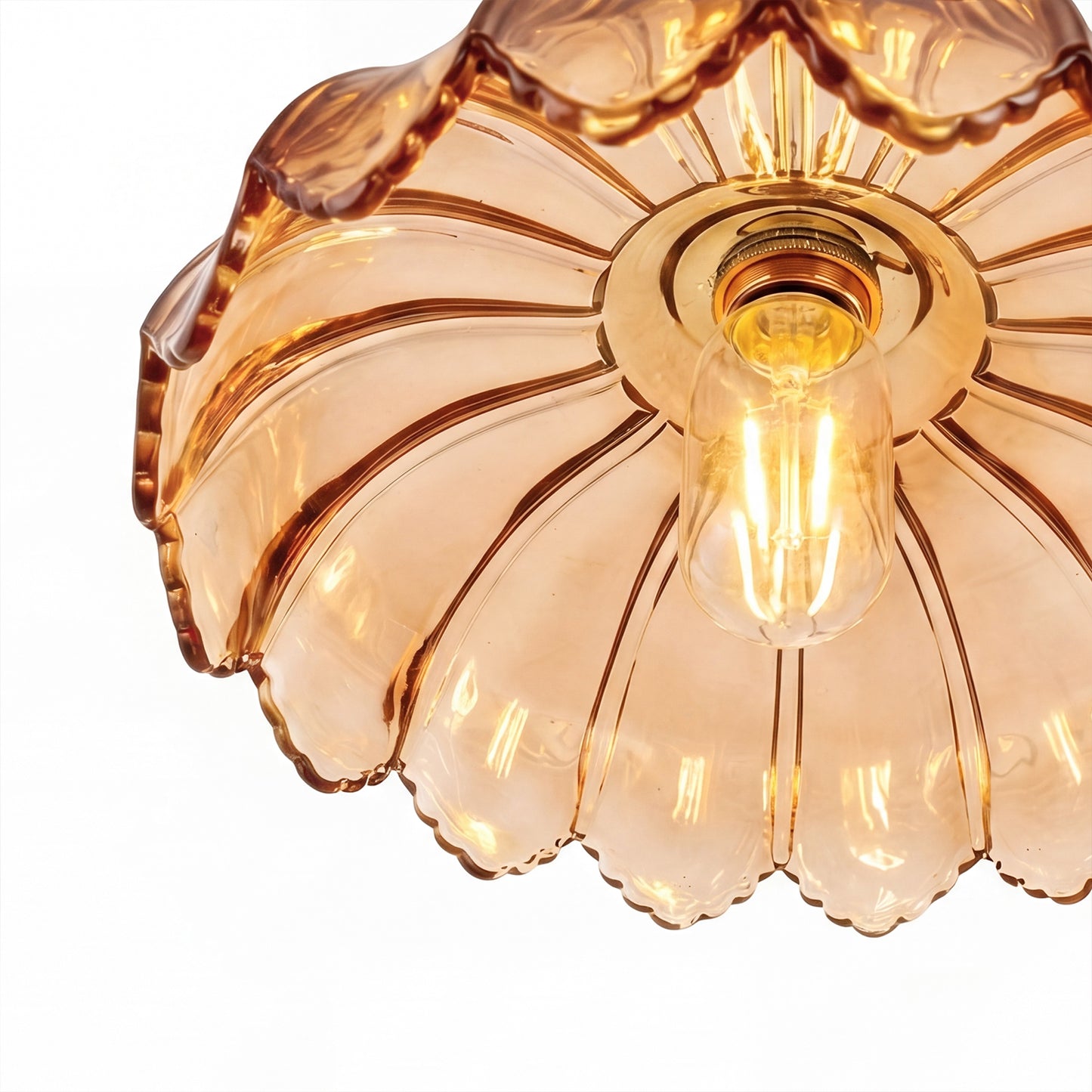 YANSUN 1-Light Brass Pendant Light with Amber Flower Glass Shade Vintage Hanging Ceiling Fixture for Kitchen Island