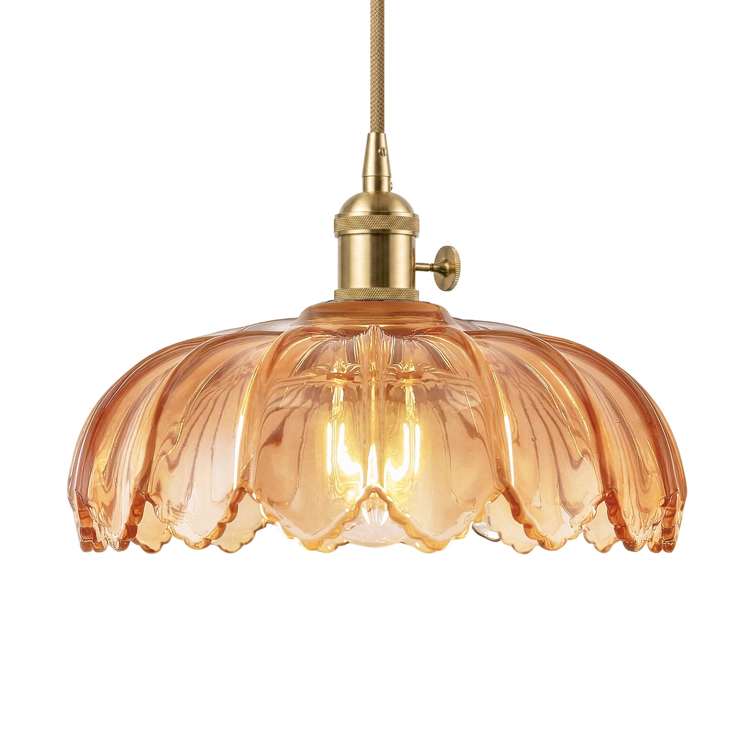 YANSUN 1-Light Brass Pendant Light with Amber Flower Glass Shade Vintage Hanging Ceiling Fixture for Kitchen Island