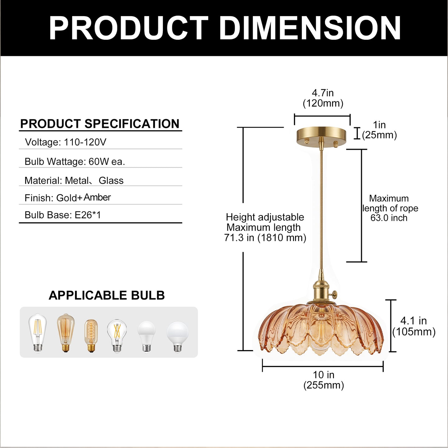 YANSUN 1-Light Brass Pendant Light with Amber Flower Glass Shade Vintage Hanging Ceiling Fixture for Kitchen Island