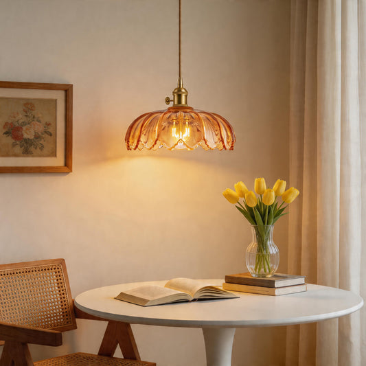 YANSUN 1-Light Brass Pendant Light with Amber Flower Glass Shade Vintage Hanging Ceiling Fixture for Kitchen Island