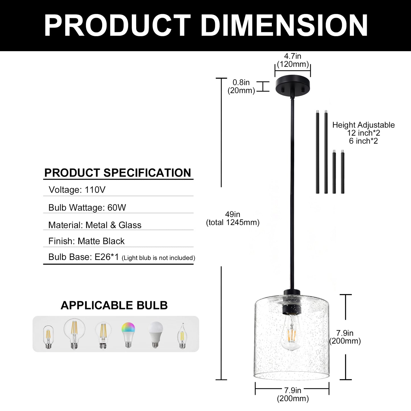 YANSUN 7.9 in. 1-Light Modern Matte Black Pendant Light with CylinderGlass Shade E26 for Kitchen Island Dining Room
