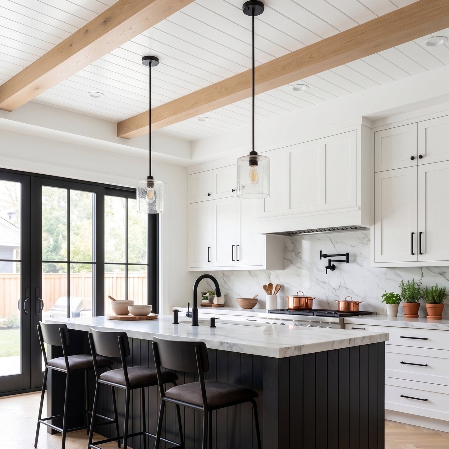 YANSUN 7.9 in. 1-Light Modern Matte Black Pendant Light with CylinderGlass Shade E26 for Kitchen Island Dining Room