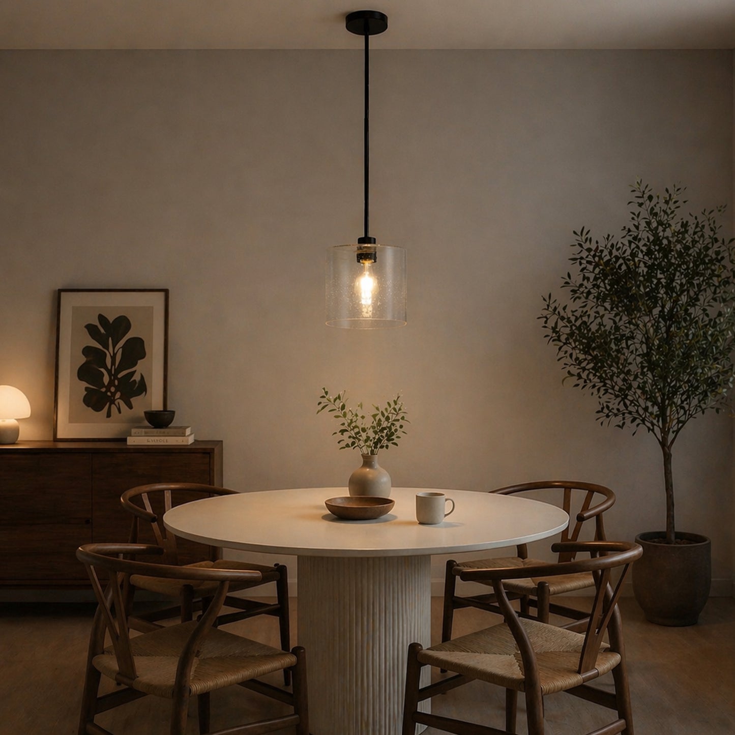 YANSUN 7.9 in. 1-Light Modern Matte Black Pendant Light with CylinderGlass Shade E26 for Kitchen Island Dining Room