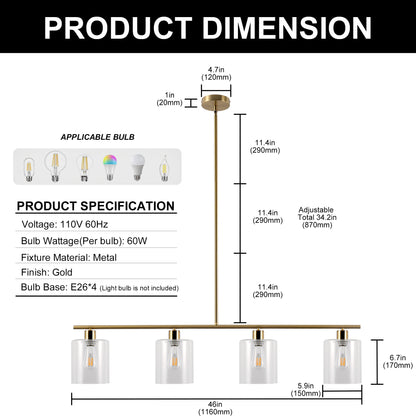 46 in. 4-Light Gold Modern Island Pendant Light, Linear Chandelier Hanging Light w/ Clear Glass Shade for Kitchen Island