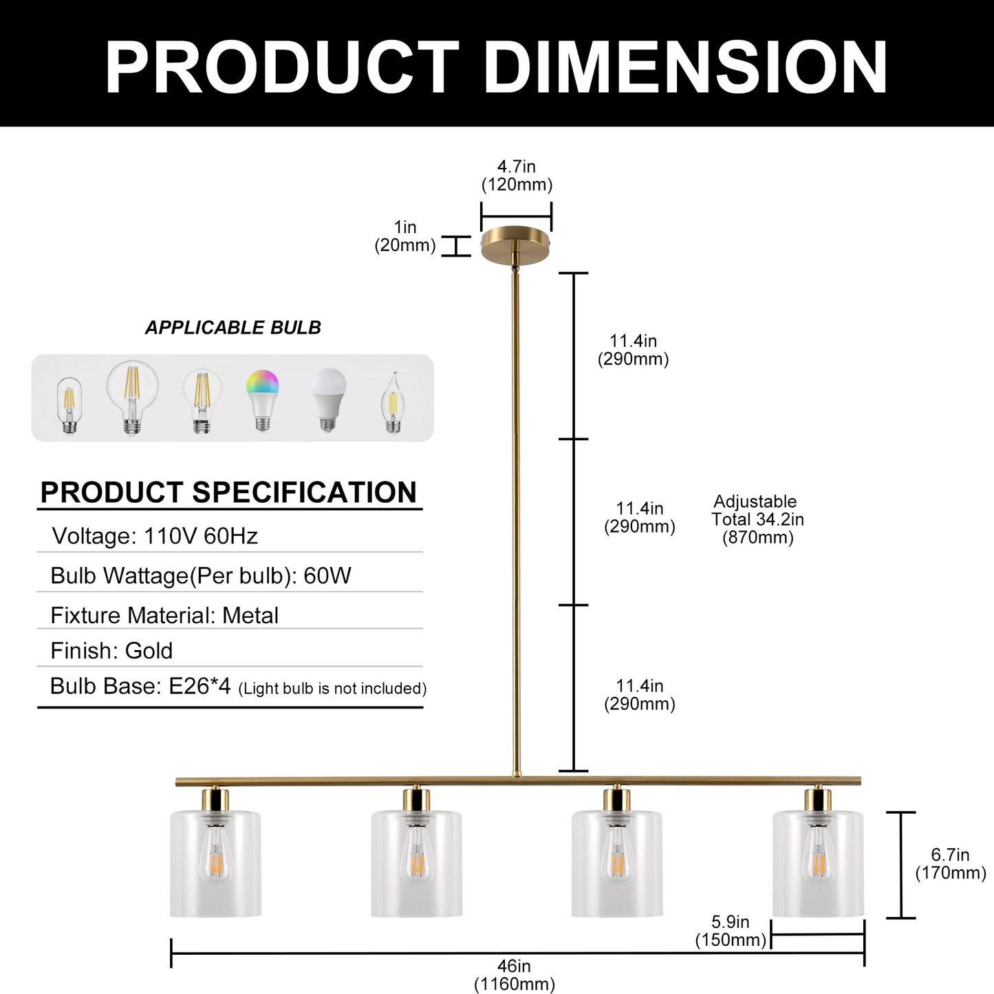 YANSUN 240-Watt 4-Light Gold Modern Island Pendant Light with Cylinder Clear Glass Shade for Dining Room Kitchen Island