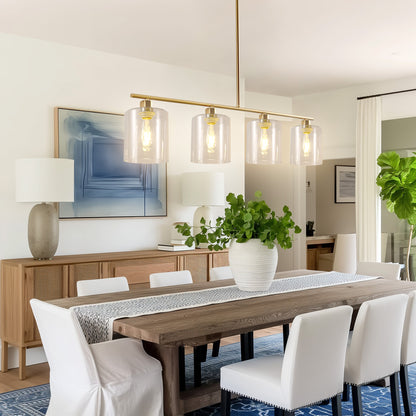 YANSUN 240-Watt 4-Light Gold Modern Island Pendant Light with Cylinder Clear Glass Shade for Dining Room Kitchen Island
