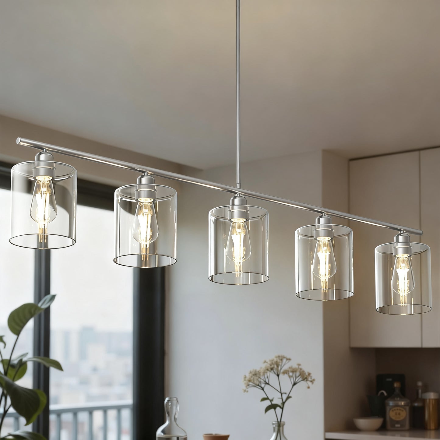 YANSUN 5-Light Island Pendant with Clear Glass Shades, Brushed Nickel Finish, Adjustable 11.8-Inch Hanging Rods