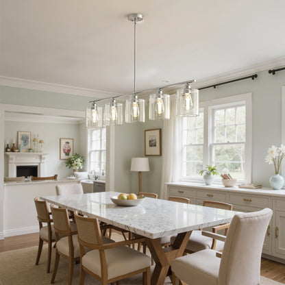 YANSUN 5-Light Island Pendant with Clear Glass Shades, Brushed Nickel Finish, Adjustable 11.8-Inch Hanging Rods