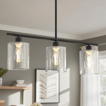 YANSUN 3 Light Kitchen Island Pendant Light with Matte Black Finish and Clear Cylindrical Glass Shades, No Bulbs Included