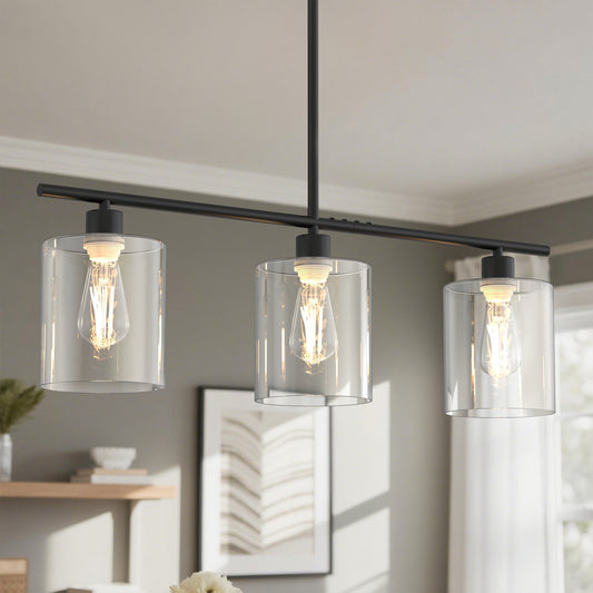 YANSUN 3 Light Kitchen Island Pendant Light with Matte Black Finish and Clear Cylindrical Glass Shades, No Bulbs Included