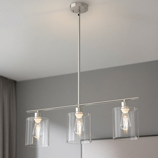 YANSUN 3-Light Island Pendant with Clear Glass Shades, Brushed Nickel Finish, Adjustable 11.8-Inch Hanging Rods