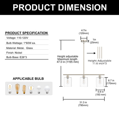 YANSUN 3-Light Island Pendant with Clear Glass Shades, Brushed Nickel Finish, Adjustable 11.8-Inch Hanging Rods