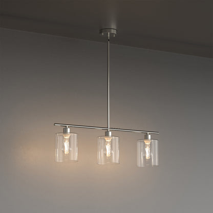 YANSUN 3-Light Island Pendant with Clear Glass Shades, Brushed Nickel Finish, Adjustable 11.8-Inch Hanging Rods