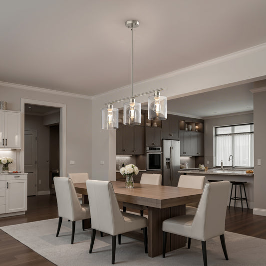YANSUN 3-Light Island Pendant with Clear Glass Shades, Brushed Nickel Finish, Adjustable 11.8-Inch Hanging Rods
