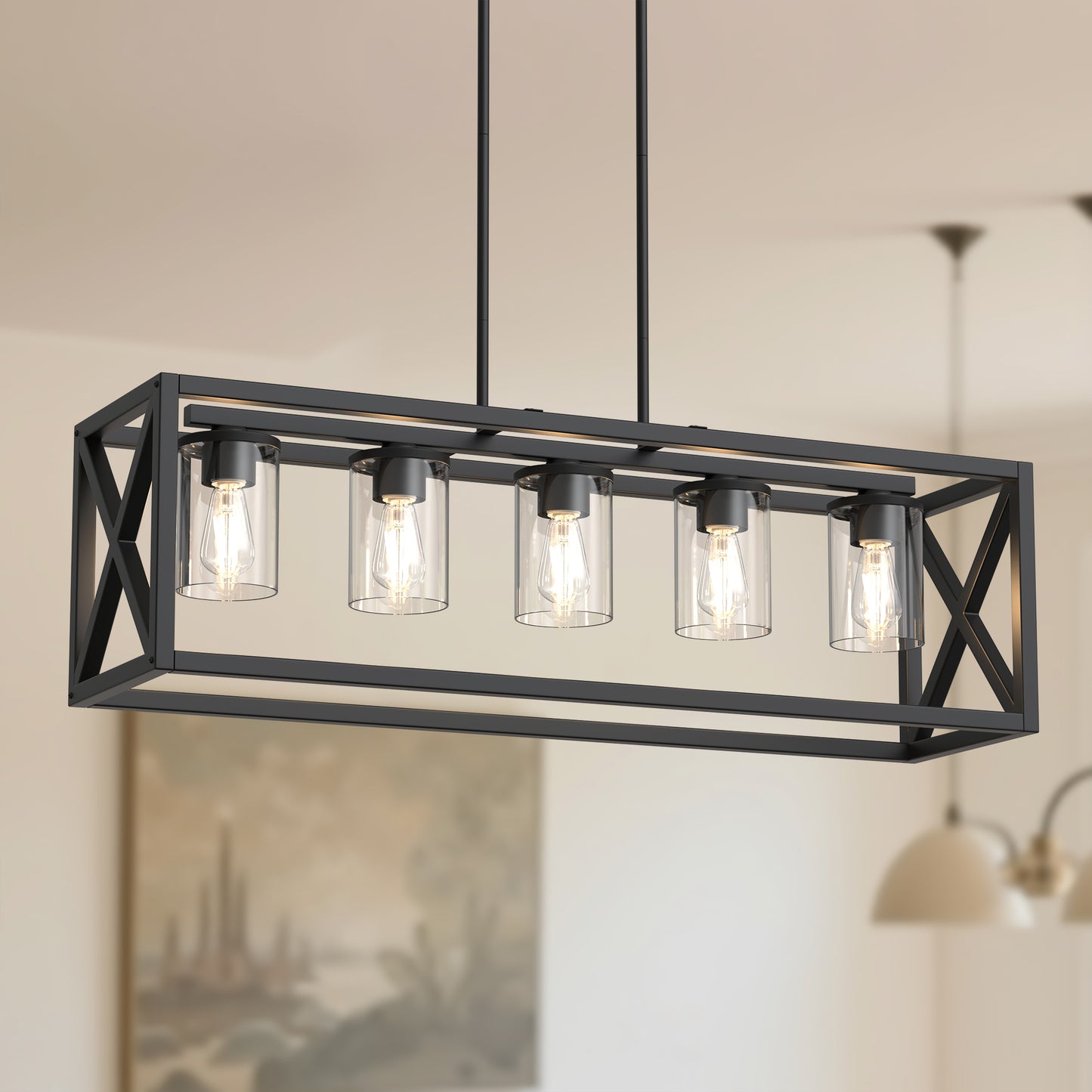 YANSUN 5-Light Rectangular Island Pendant Light in Matte Black with Adjustable Rods, E26 Bulbs Not Included