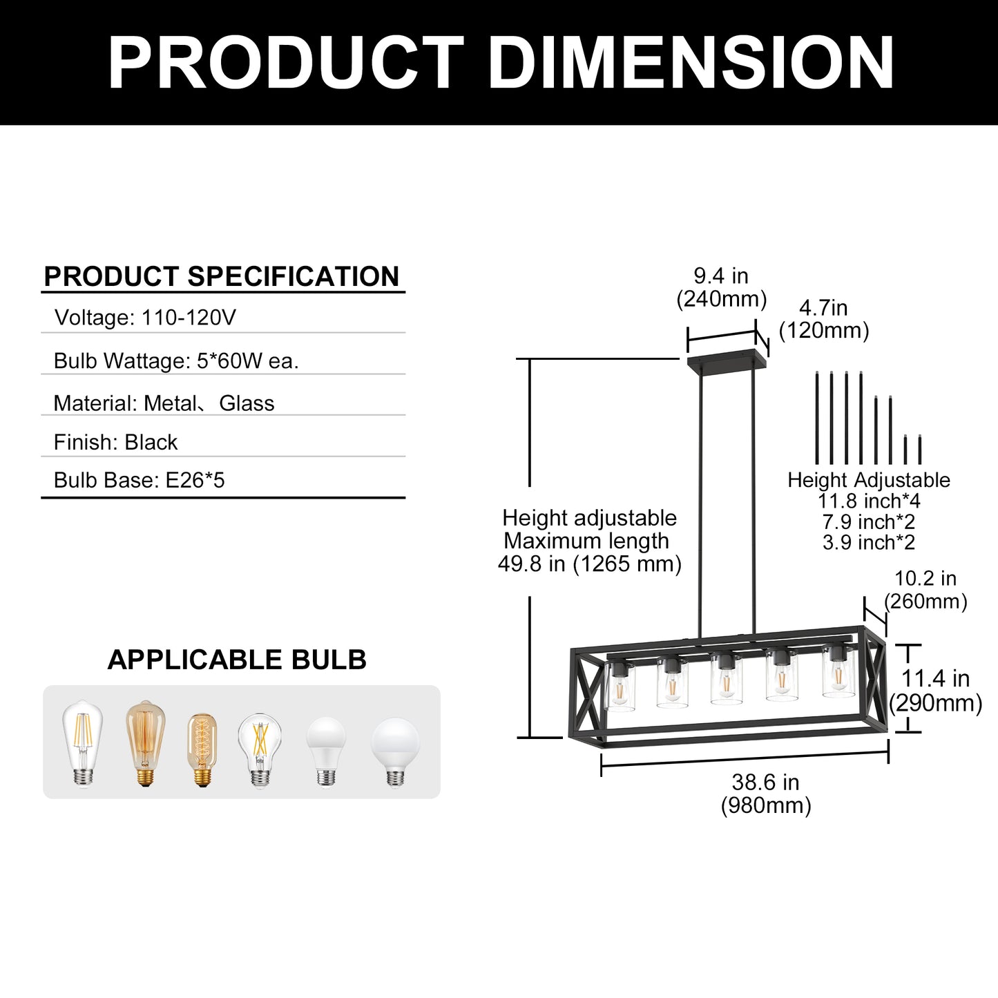 YANSUN 5-Light Rectangular Island Pendant Light in Matte Black with Adjustable Rods, E26 Bulbs Not Included