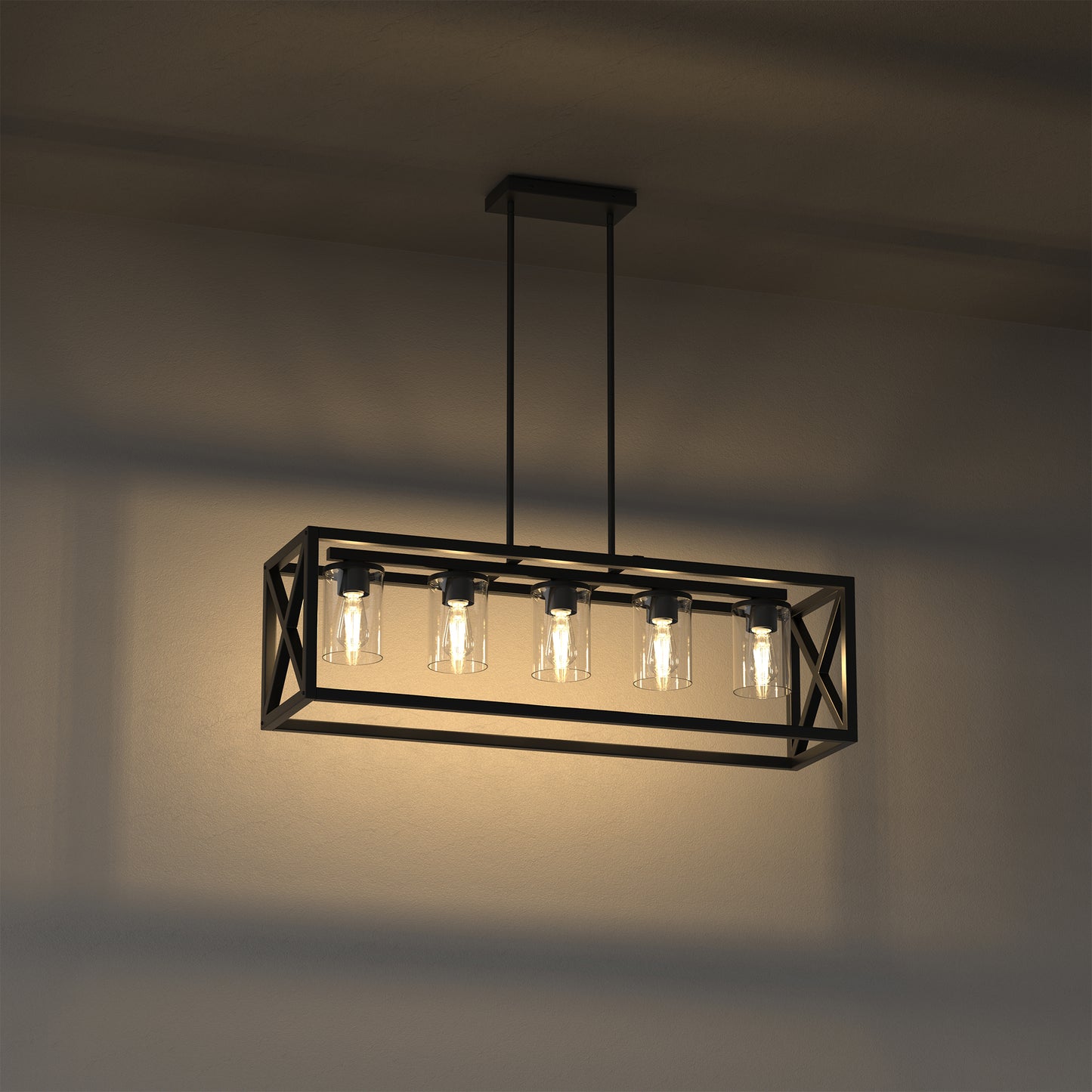 YANSUN 5-Light Rectangular Island Pendant Light in Matte Black with Adjustable Rods, E26 Bulbs Not Included