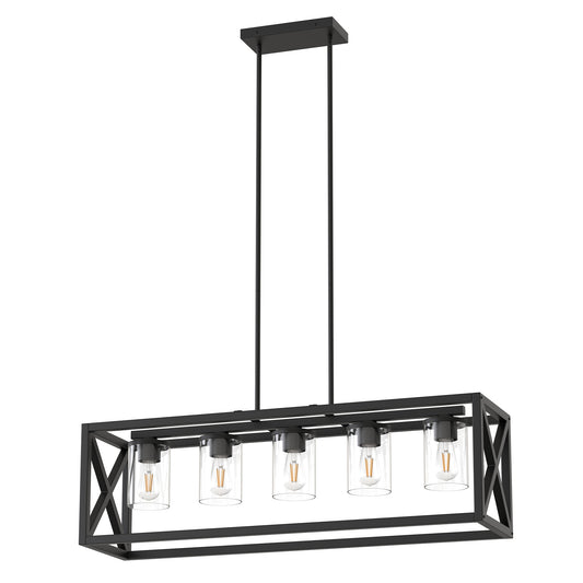 5 Light Matte Black Rectangular Island Pendant with Clear Glass Shades & Adjustable Rods for Kitchen, No Bulbs Included
