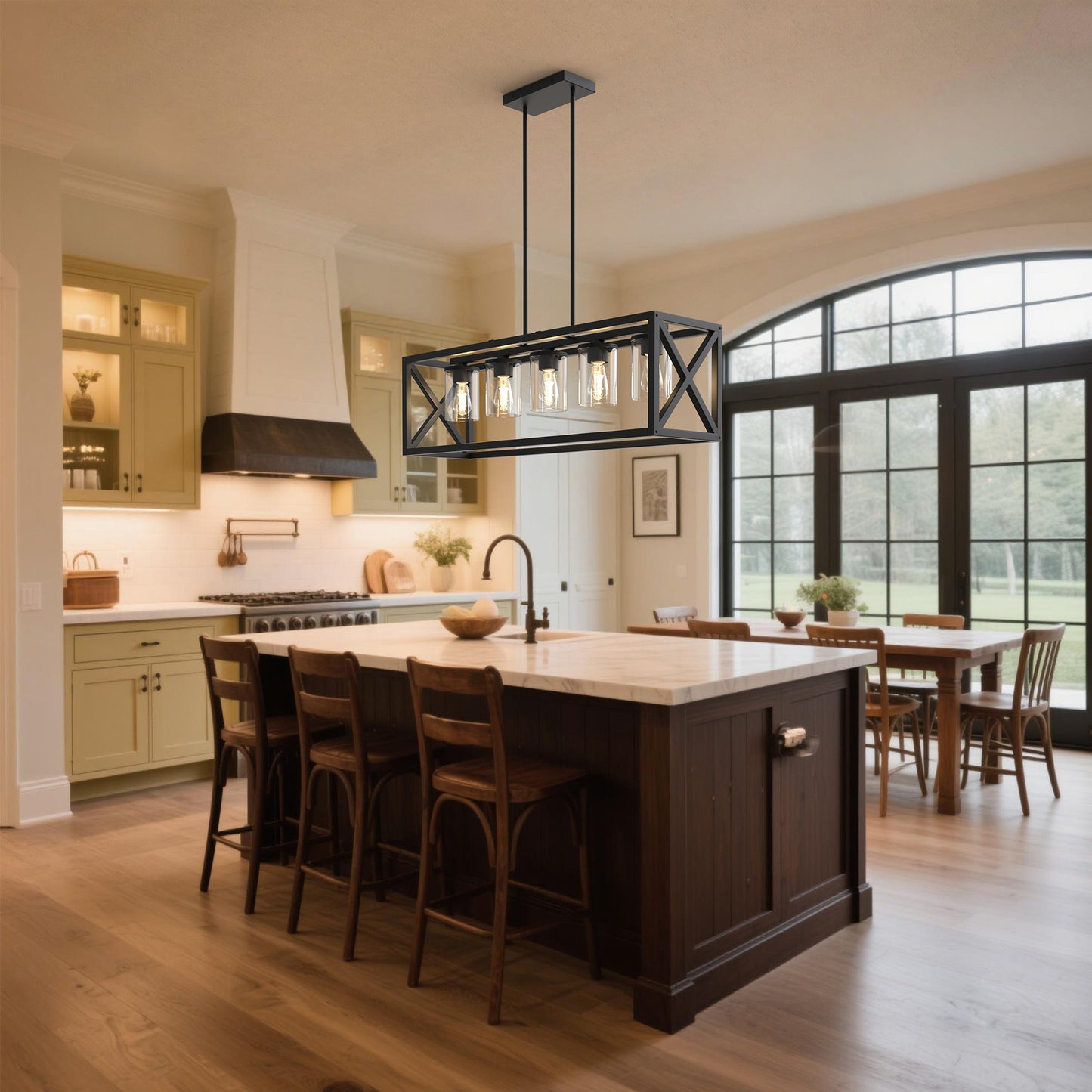 YANSUN 5-Light Rectangular Island Pendant Light in Matte Black with Adjustable Rods, E26 Bulbs Not Included
