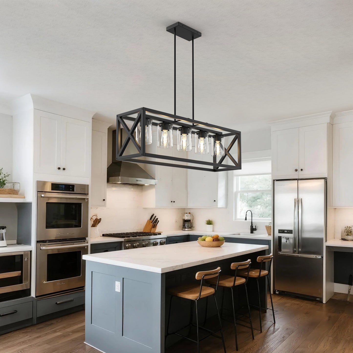 YANSUN 5-Light Rectangular Island Pendant Light in Matte Black with Adjustable Rods, E26 Bulbs Not Included
