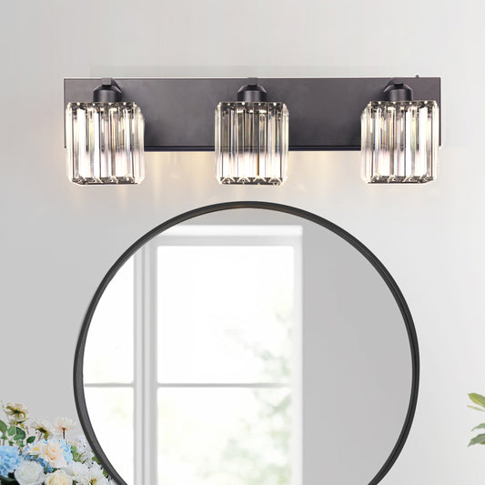 YANSUN 3-Light Vanity Mirror Light with Triangular Glass Shades, Sand Black Finish, Handcrafted Design, E26 Sockets