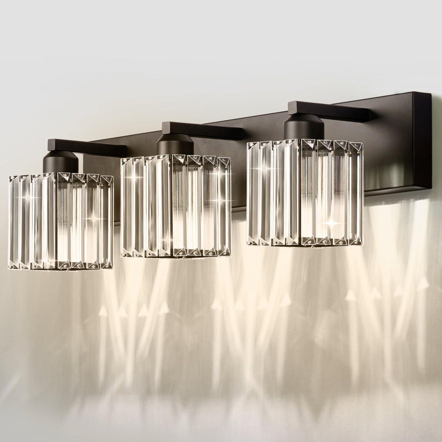 YANSUN 3-Light Vanity Mirror Light with Triangular Glass Shades, Sand Black Finish, Handcrafted Design, E26 Sockets