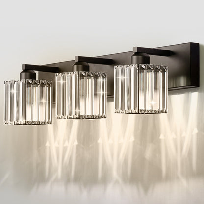 YANSUN 3-Light Vanity Mirror Light with Triangular Glass Shades, Sand Black Finish, Handcrafted Design, E26 Sockets