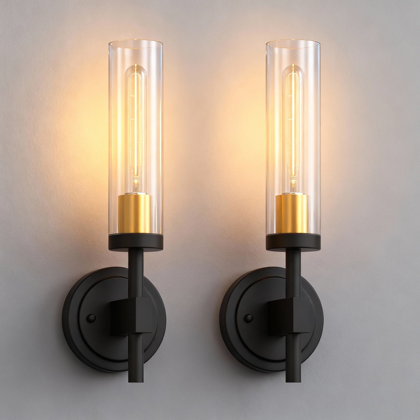 YANSUN Set of 2 Clear Glass Wall Sconces, Modern Indoor Wall Light in Sand Black with Gold Interior, E26 Socket