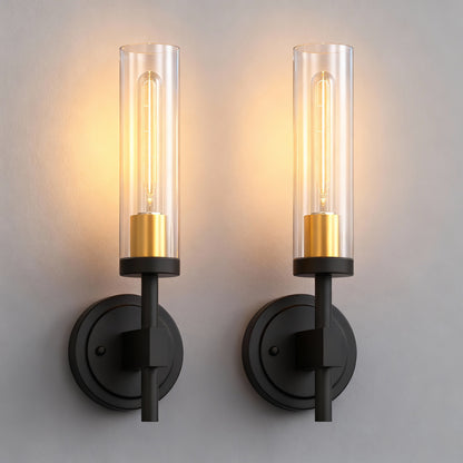 YANSUN Set of 2 Clear Glass Wall Sconces, Modern Indoor Wall Light in Sand Black with Gold Interior, E26 Socket