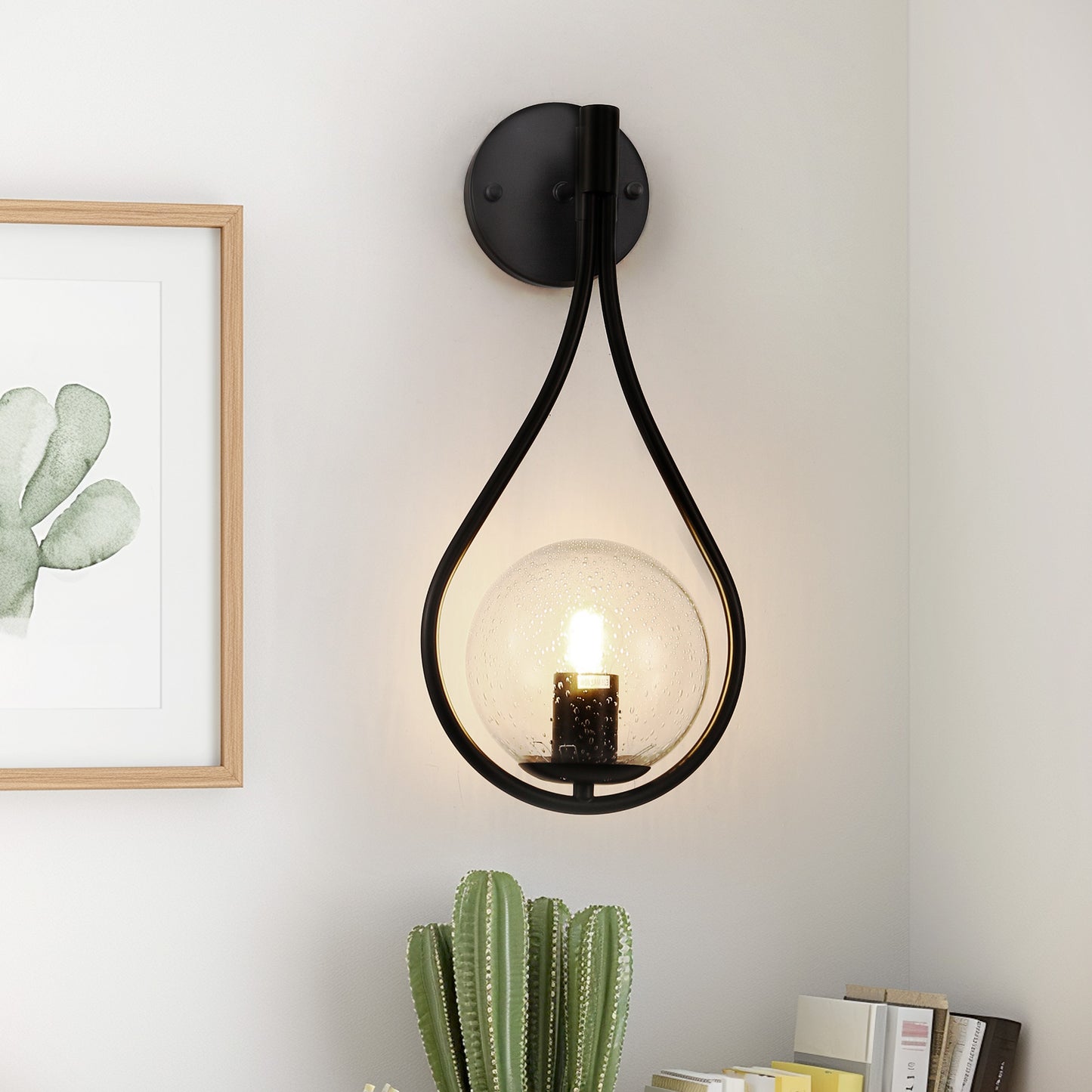 YANSUN 7.87 in. 1-Light Black Modern Globe Wall Sconce with Seeded Glass Shade, Contemporary Wall Light for Living Room