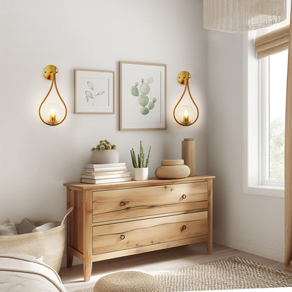 7.87 in. 1-Light Gold Wall Sconce Mid-Century Water Drop Design with Global Seeded Glass Shade for Bedroom Bedsides
