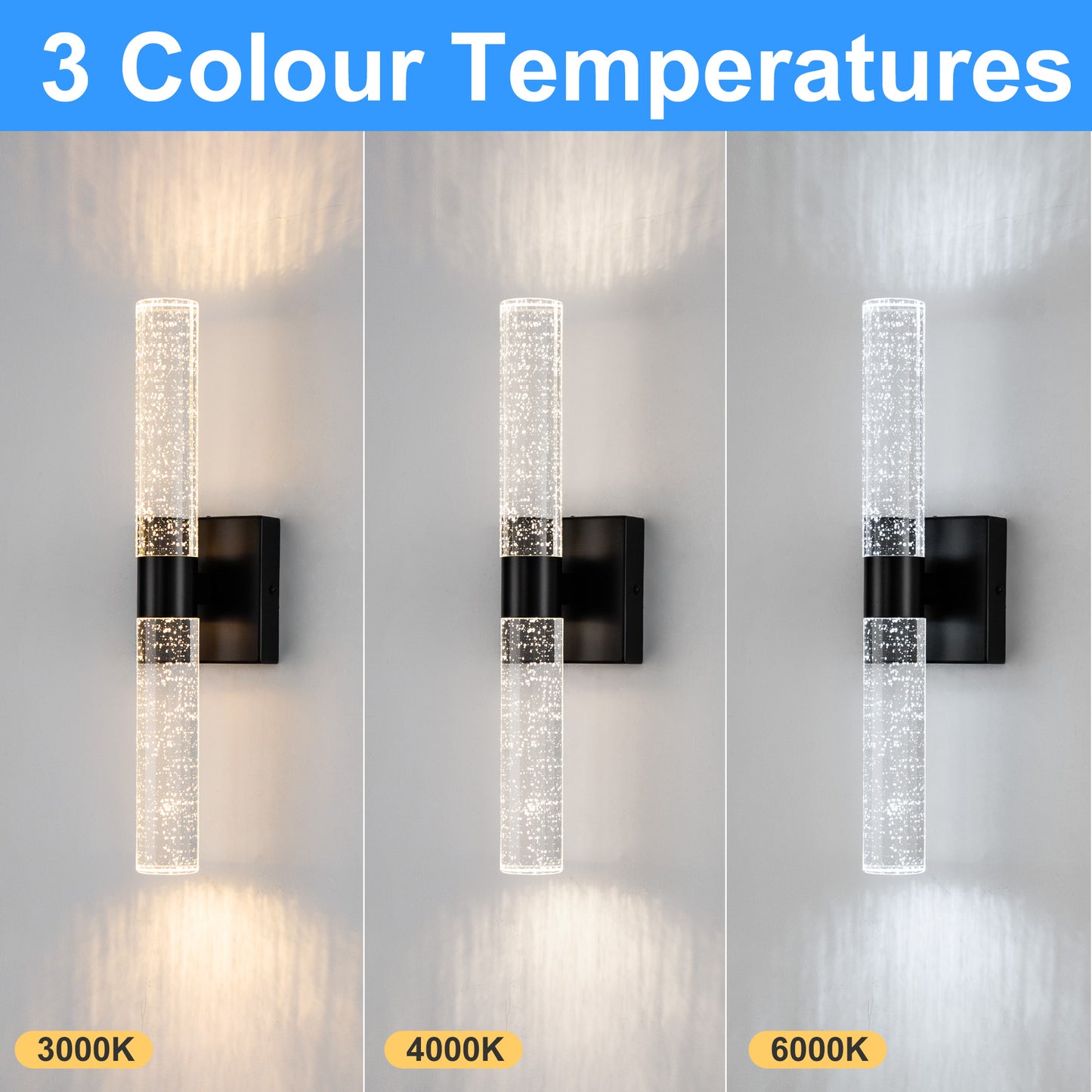 YANSUN 2-Light 18 in. Matte Black Modern Vanity Light Bar with Glass Bubble Shades and 3CCT Adjustable LED for Living Room