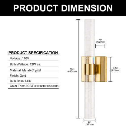 YANSUN 18 in. 2-Light Brushed Gold LED Vanity Light Bar and 3CCT Adjustable Function for Bathroom Living Room or Bedroom