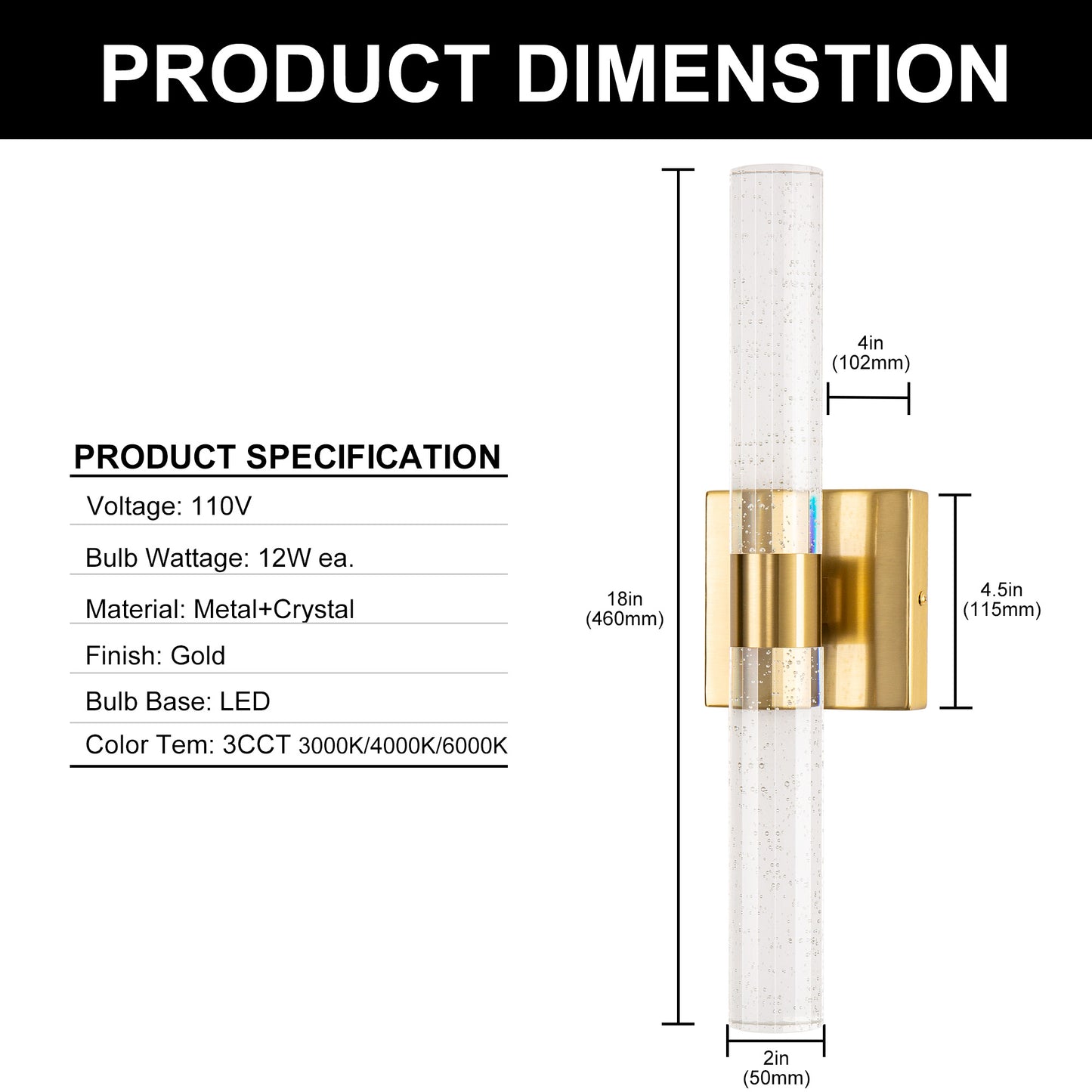 YANSUN 2-Light 18 in. Gold Modern Vanity Light Bar with Glass Bubble Shades and 3CCT Adjustable LED Function for Living Room