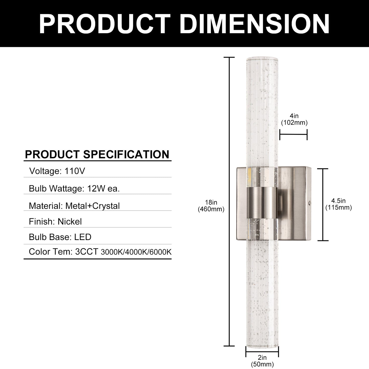 YANSUN 18 in. 2-Light Brushed Nickel LED Vanity Light with 3CCT Adjustable Function for Bathrooms and Living Rooms (2-Pack)