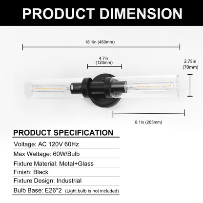 18 in. 2-Light Black Bathroom Sconces with Clear Glass, Bathroom Vanity Light Fixtures, Modern Wall Lights for Mirror