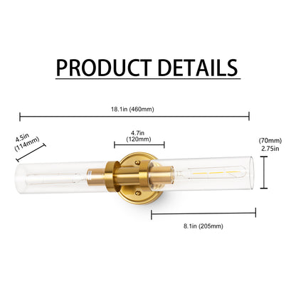 YANSUN 2-Light Wall Sconce, Brushed Copper Finish, Clear Glass Tube Shade, E26 Wall Light Fixture for Bathroom Vanity Hallway