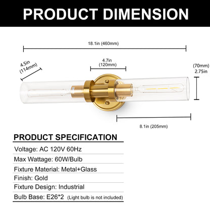 18 in. 2-Light Gold Bathroom Sconces with Clear Glass, Bathroom Vanity Light Fixtures, Modern Wall Lights for Mirror