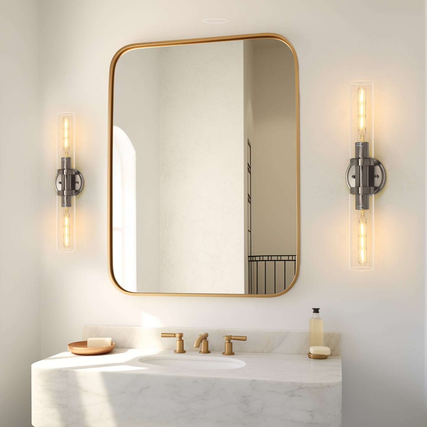 18 in. 2-Light Brushed Nickel Bathroom Sconces with Clear Glass, Bathroom Vanity Light Fixtures, Modern Wall Lights