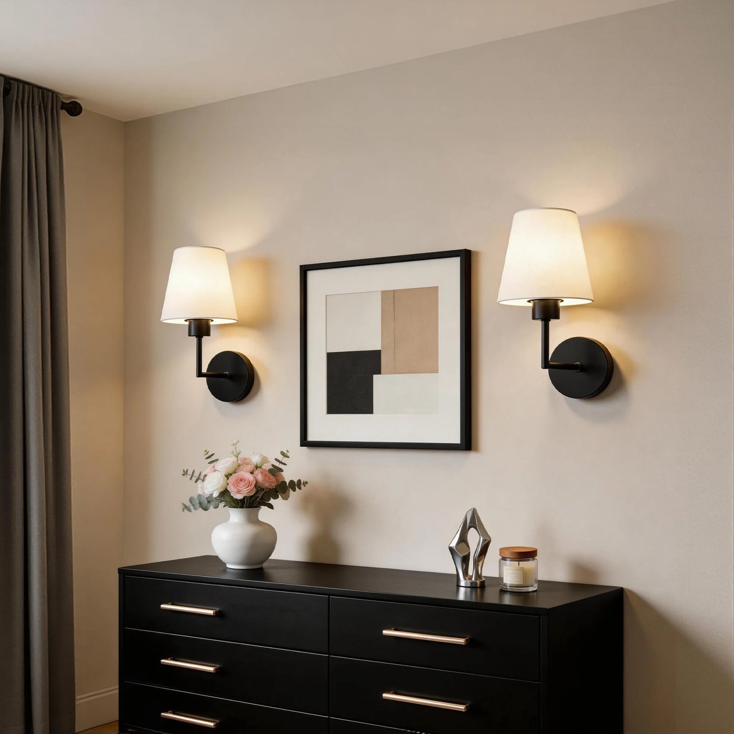 YANSUN 2-Pack Wall Sconces with Fabric Shade, E26 Base, Matte Black, Remote Control RGBCW Dimmable Indoor Lighting