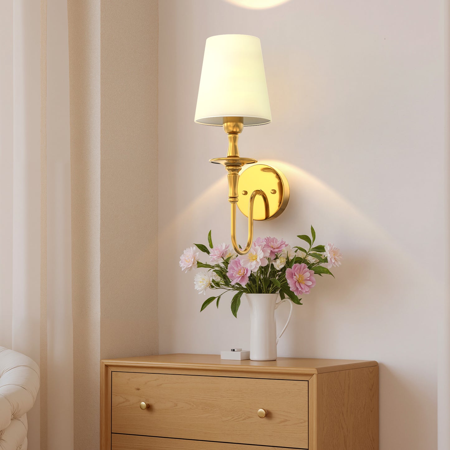 YANSUN 4.3 in.2-Pack Modern Wall Sconces with White Fabric Shades, Copper Indoor Wall Lights with Remote RGB Bulbs Included