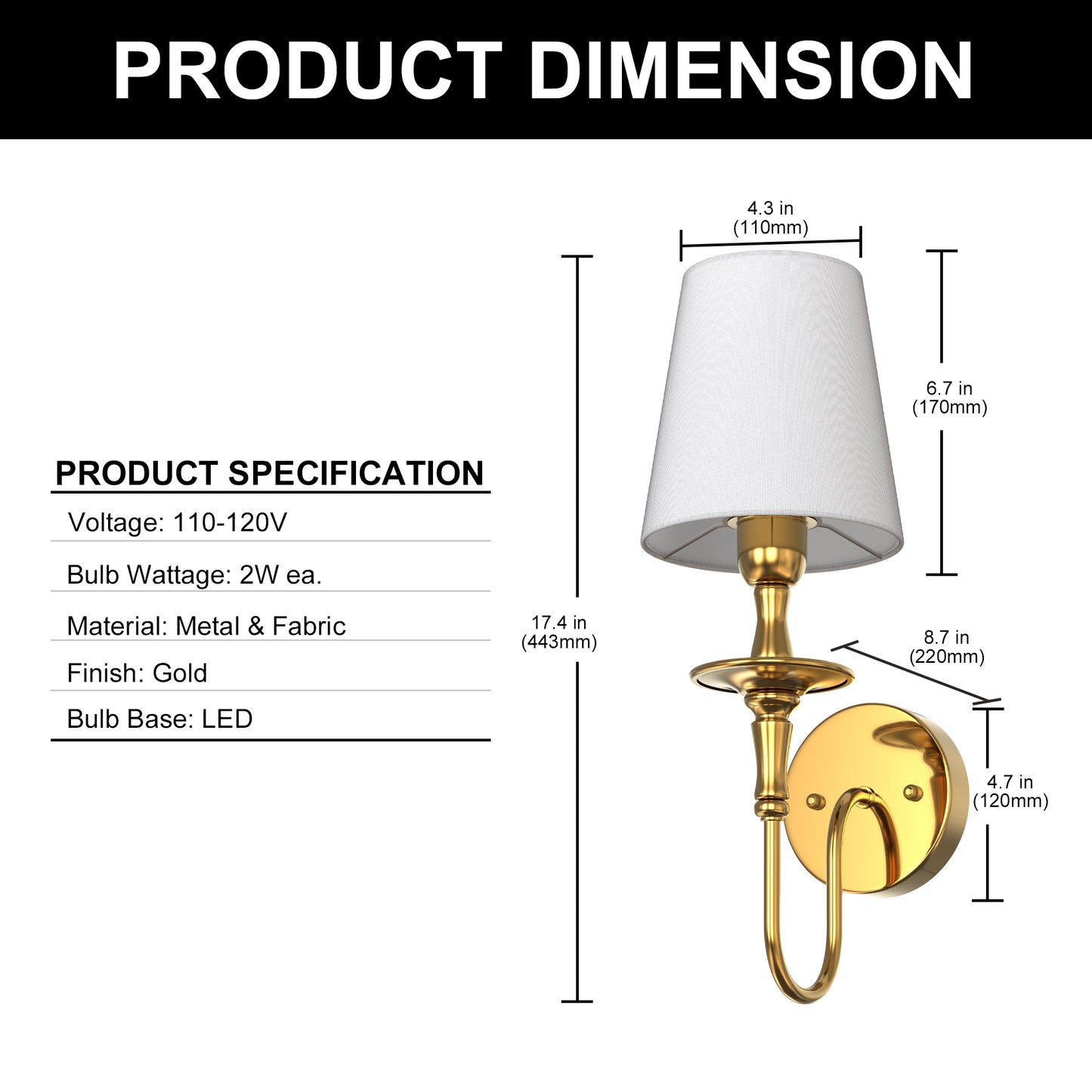 YANSUN 4.3 in.2-Pack Modern Wall Sconces with White Fabric Shades, Copper Indoor Wall Lights with Remote RGB Bulbs Included